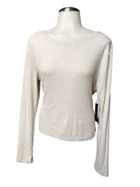 NWT Black Tape Size Large Oatmeal Heather Ribbed Long Sleeve Top with tie back